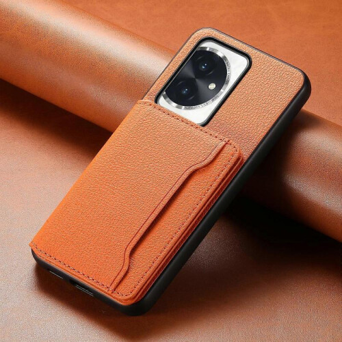 (For Honor 100, Orange) Calf Texture Card Bag Design Full Coverage Phone Case 1
