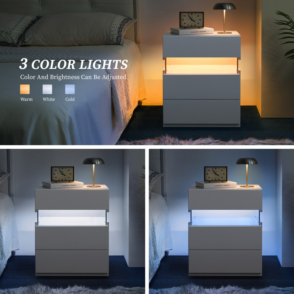 LED Nightstand with Acrylic Board and 3 Drawers for Bedroom Living Room Modern White Bedside Table-image-OPC-PMX67QY-NEW