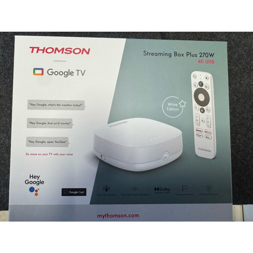 Thomson Streaming Box Plus 270 White, Google Tv, 4K Uhd, Built-In Speaker For Hands Free Voice, Google Cast, Netflix, Disney+, Wi Fi