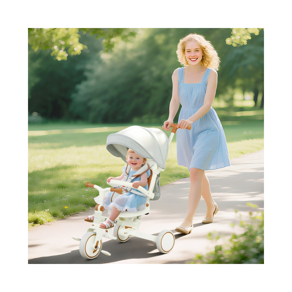 Toddler Kids Tricycle 5 in 1 with Adjustable Backrest & Push Handle Durable & Safe Ride Cream White-image-OPC-PMX7VZR-NEW