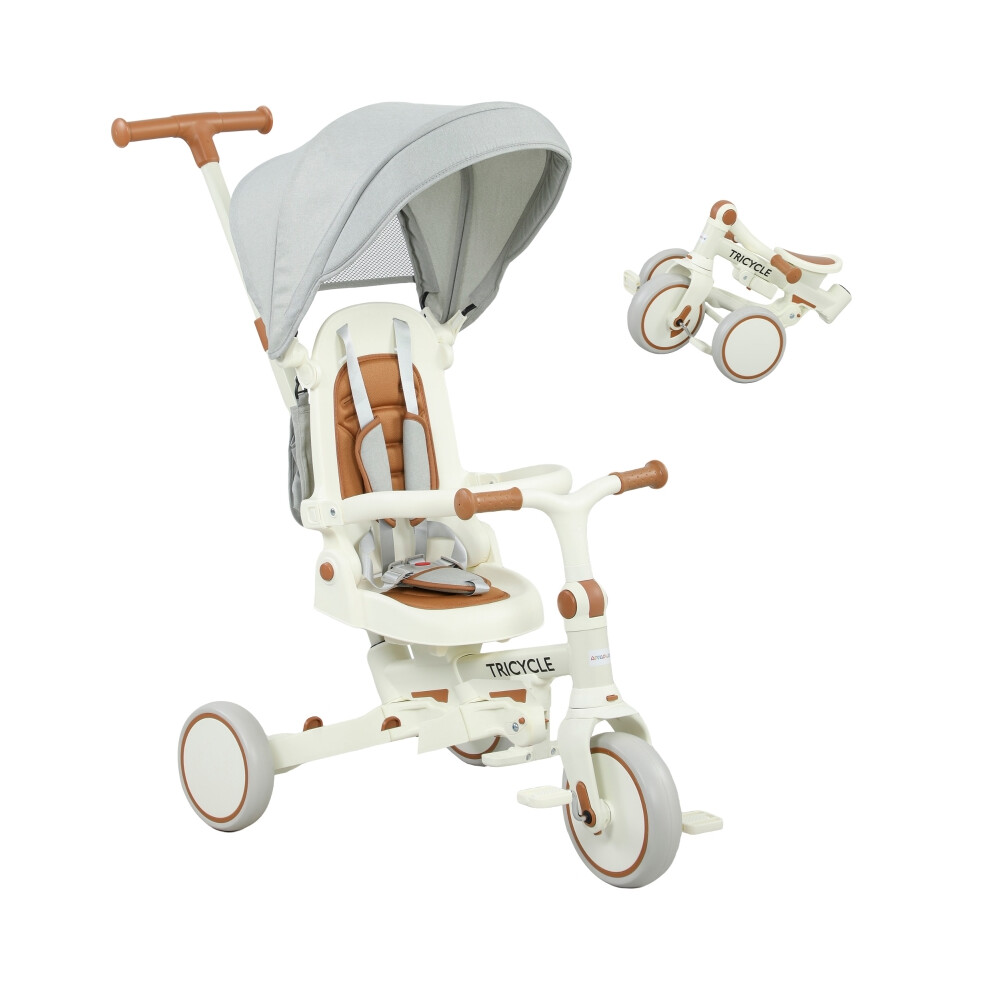 Toddler 5 in 1 Kids Trike with Adjustable Backrest & Push Handlebar - Cream White Ride-on Tricycle for Early Development-image-OPC-PMX7XMP-NEW