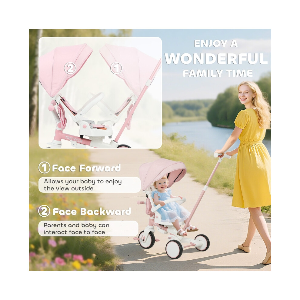 Toddler Tricycle 5 in 1 with Adjustable Backrest & Push Handlebar Pink Kids Trike for Ages 1-3 Lightweight & Sturdy Design-image-OPC-PMX7XP8-NEW