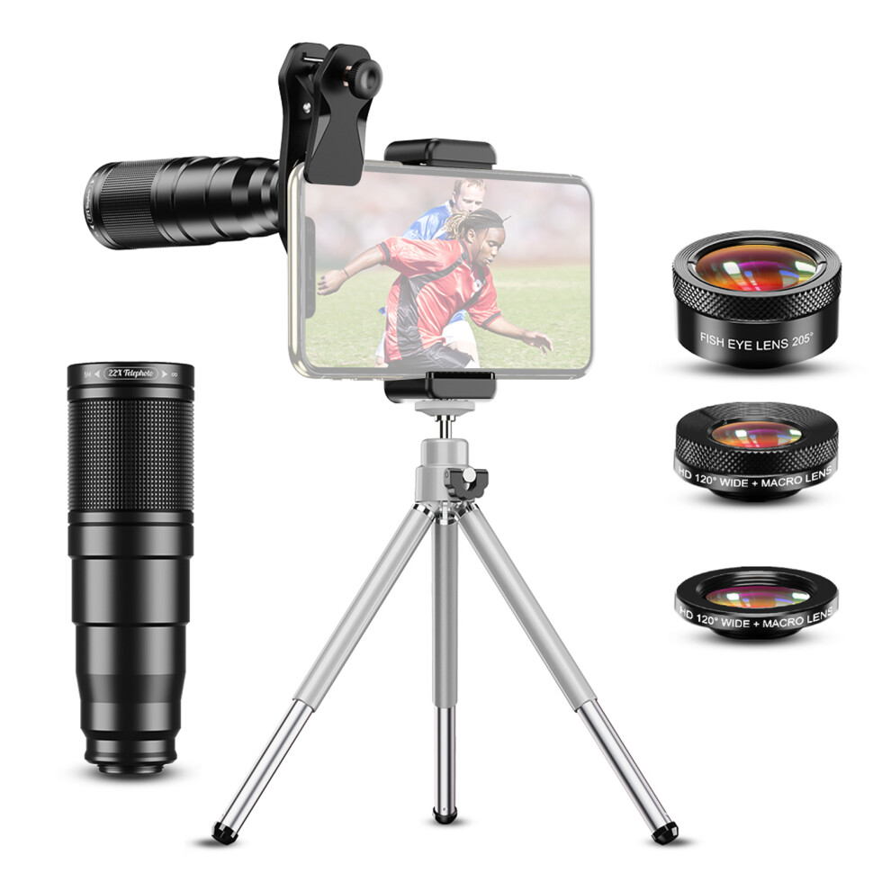 4-In-1 Phone Camera Lens Kit, 22X Telephoto, Fisheye, Macro, Wide-Angle With Tripod, Black 8491360162286