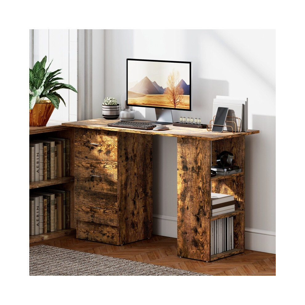 PC Workstation with Storage Shelves Rustic Brown Finish Silver Handles Large Writing Table Ideal for Home Office and Study-image-OPC-PMX9G7C-NEW