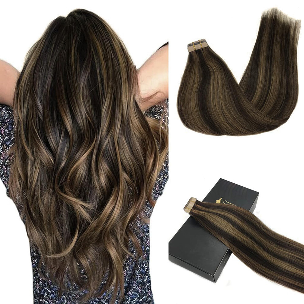 Goo Goo Unisex Brown Tape In Hair Extensions Human Hair 2/6 Dark Highlighted Chestnut 18Inch 50G 20Pcs Skin Weft Seamless Invisible Silky Straight