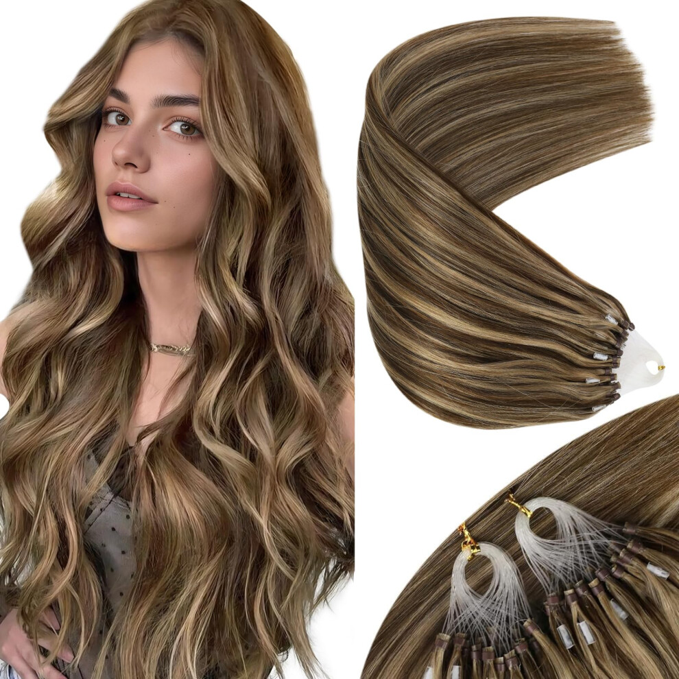 Sunny Hair Unisex Brown Micro Link Hair Extensions Human Hair 22Inch Micro Loop Hair Extensions Dark Highlight Caramel Blonde Micro Ring Hair Extension Inst