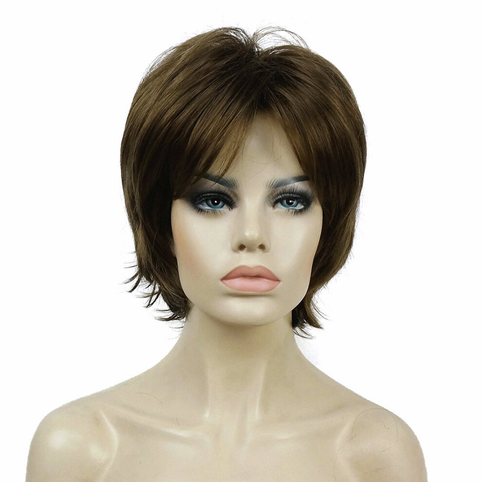 Lydell Golden/Brown Short Layered Shaggy Wavy Full Synthetic Wigs (10 Medium Brown)