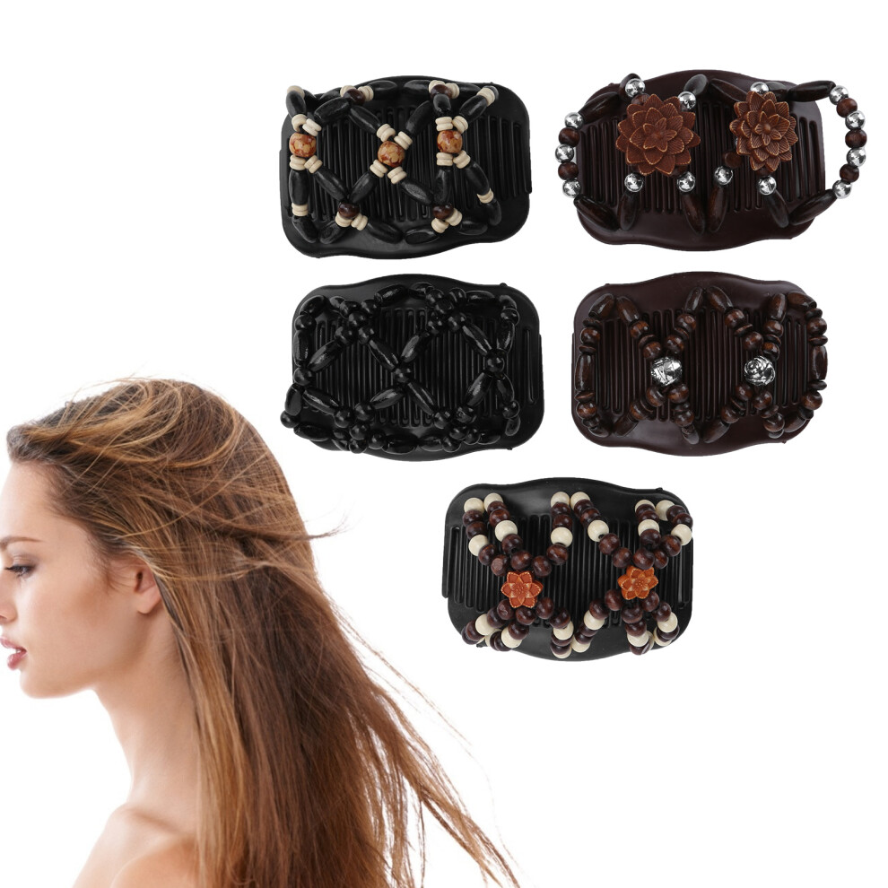 Double Hair Comb Clip for Women with 5pcs Wood Beads - Hair Styling Tool