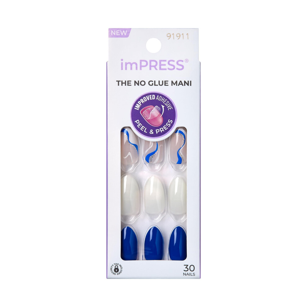 Impress White Kiss No Glue Mani Press On Nails Design 'Free Soul' Medium Size Almond Shape Includes 30 Nails Prep Pad Instructions Sheet 1 M