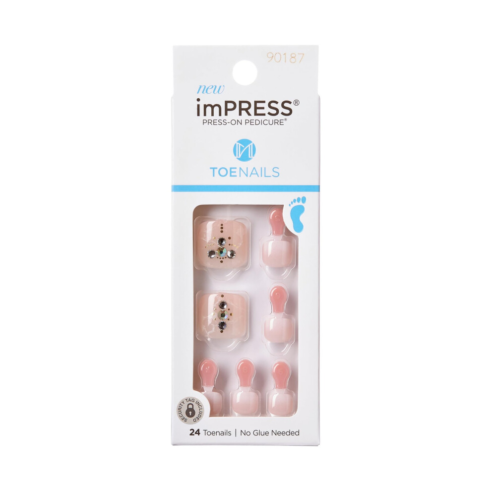 Kiss Pink Impress No Glue Pedi Press-On Toenails Light Nails With Rhinestone Marble Squoval Shape Includes 24 Nails Prep Pad 1 Manicure St