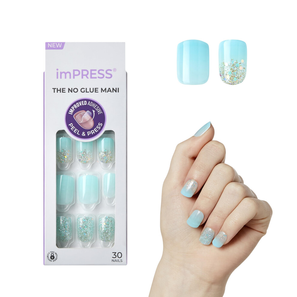 Impress Blue Kiss No Glue Mani Press-On Nails Mini 'Eternity' Medium Short Size Squoval Shape Includes 30 Nails Prep Pad Instructions Sheet