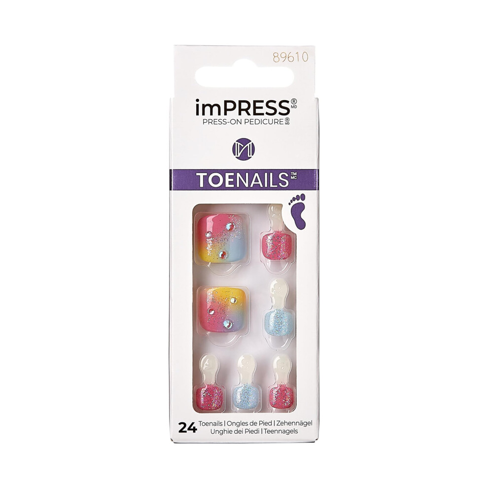 Kiss Blue,Pink Impress No Glue Pedi Press-On Toenails Rainbow Color With Rhinestone Pink Light Blue Glitter Squoval Shape Includes 24 Nails Prep Pad 1