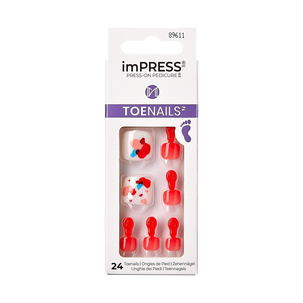 Kiss White,Red Impress No Glue Pedi Press-On Toenails Ruby Red White Squoval Shape Includes 24 Nails Prep Pad 1 Manicure Stick 1 Mini File