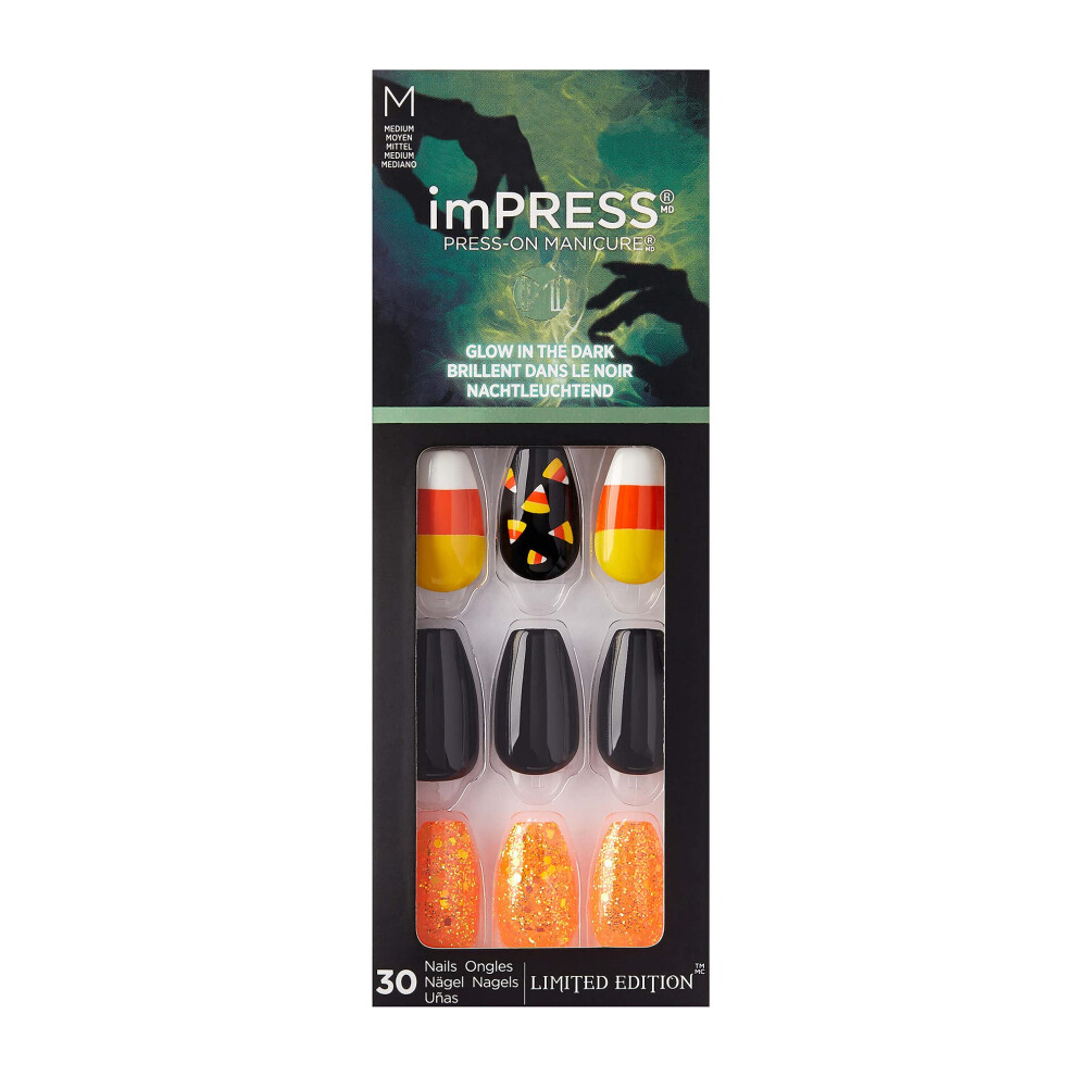 Kiss Black Impress Press On Manicure Halloween Nails - Wand Medium Length Coffin Shape 30 Fake Nails