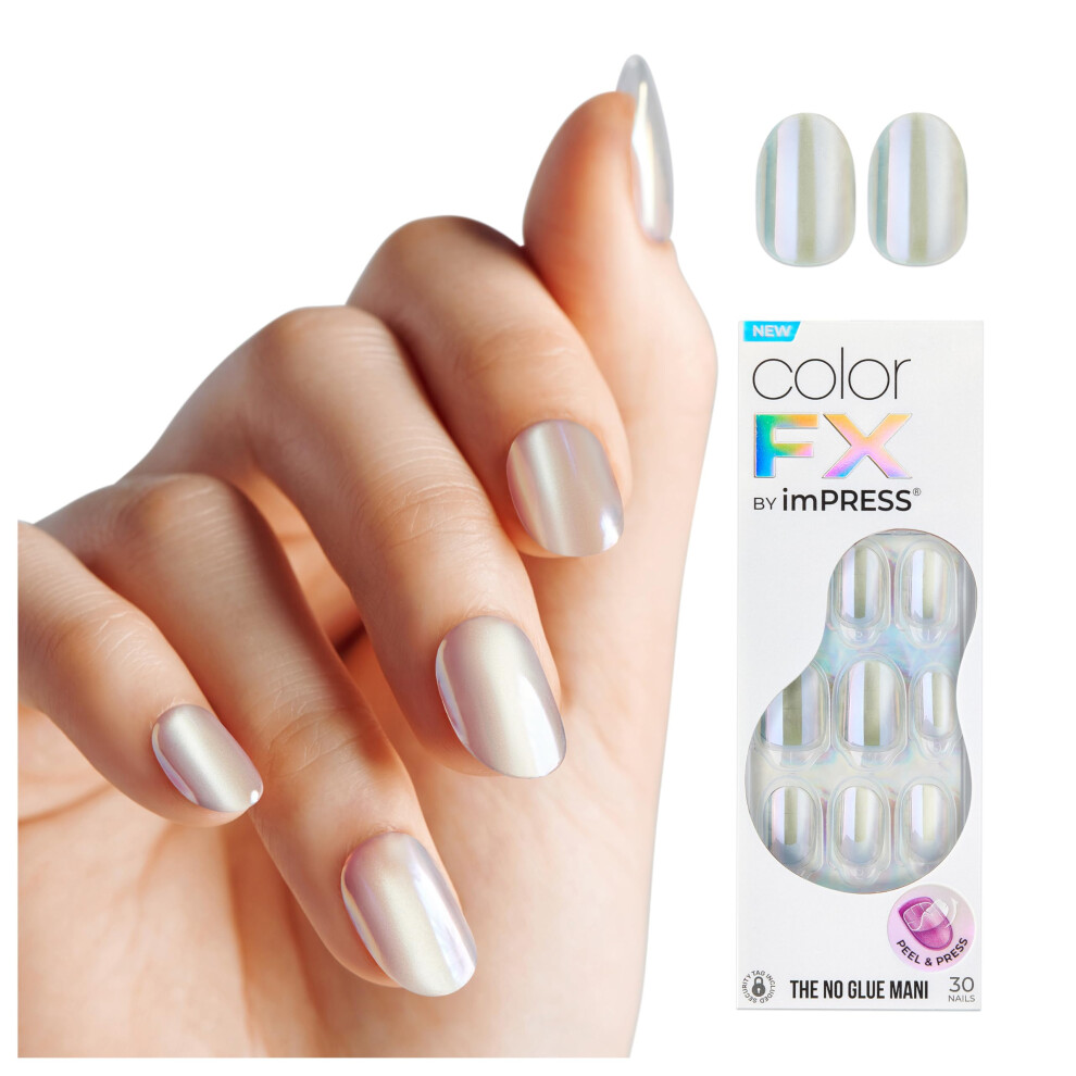 Impress Kiss Colorfx By Press On Nails ?Our Love Solid White With Pearlescent Finish Short Oval New & Improved Adhesive Includes 30 Fake Nails P