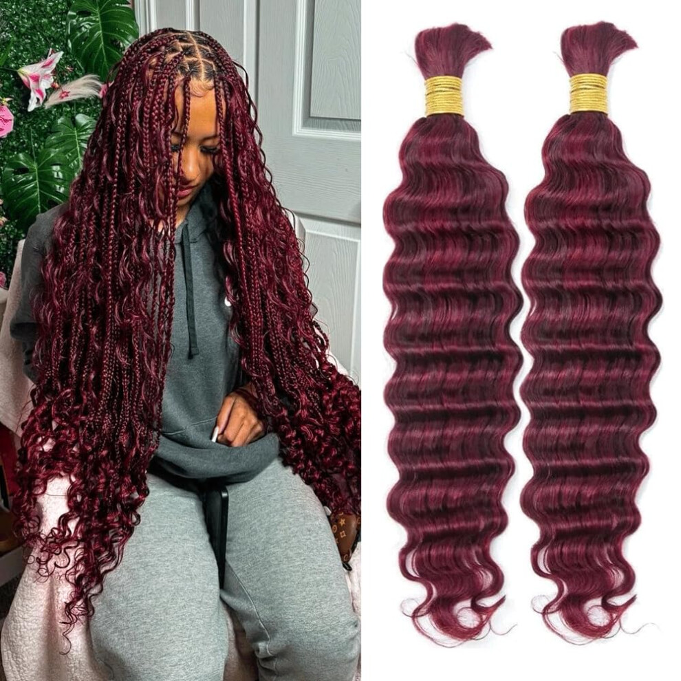 Tosiboy 99J Burgundy Human Braiding Hair Deep Wave Boho Braids Human Hair Wet And Wave Bohemian Ginger Curly Knotless Braiding Hair Extension 2 Bundles 105G