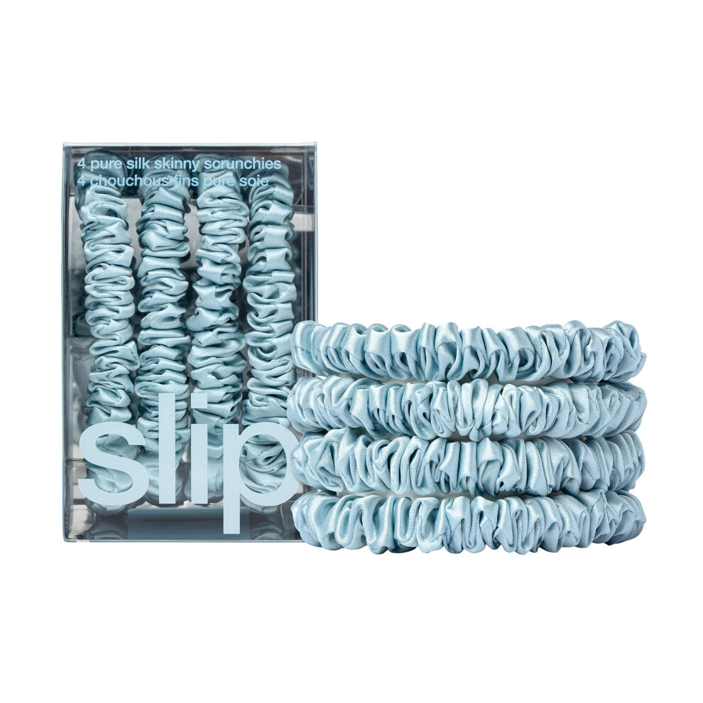 Slip Sky Blue Skinny Scrunchies: Anti-Crease Anti-Breakage Slipsilk Design Protects Delicate Hair | Includes 4 Pure Silk Scrunchies: