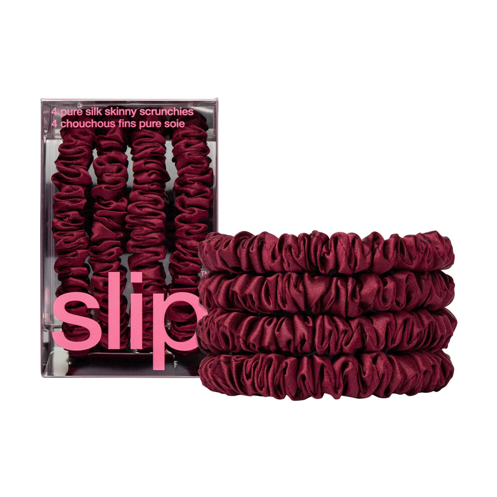 Slip Skinny Scrunchies: Anti-Crease Anti-Breakage Slipsilk Design Protects Delicate Hair | Includes 4 Pure Silk Scrunchies: Maroon