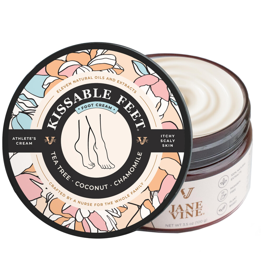 Jane Vine Cream Kissable Feet Athletes Foot - For Itchy Dry Skin - Tea Tree Coconut & Chamomile - Crafted For The Whole Family No Sting - 3.
