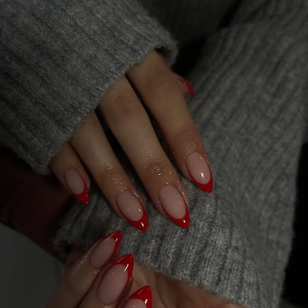 Sxvme Red 30Pcs French Tip Press On Nails Short Almond Nails Press Ons Short Fake Nails Almond Shaped Acrylic Nails French Glue On Nails Short False Nails