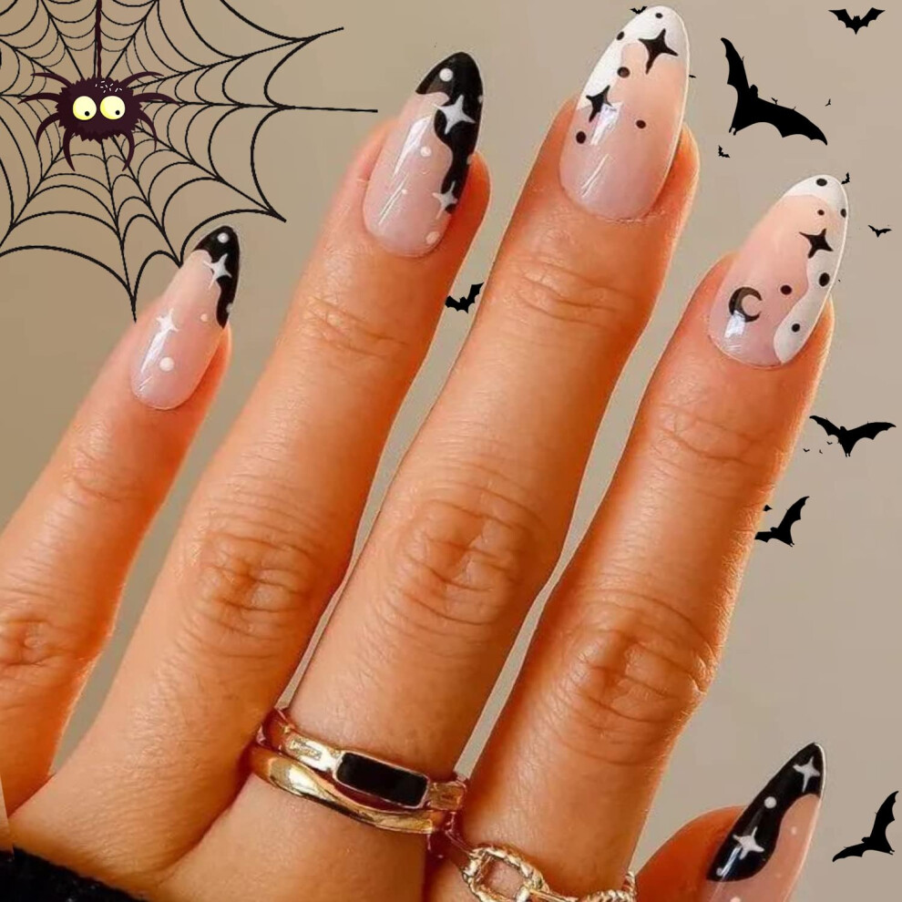 Glamermaid Black Press On Nails Medium Almond Emo Crush Jelly Gel Gothic Stiletto False Glue On Nails Kit With Moon Star Desgin For Women Reusable
