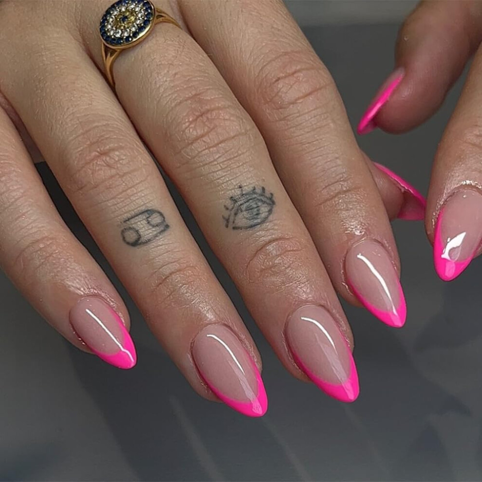 Sxvme Pink 30Pcs Hot French Tip Press On Nails Short Almond Nails Press Ons Short Fake Nails Almond Shaped Acrylic Nails French Glue On Nails Short False