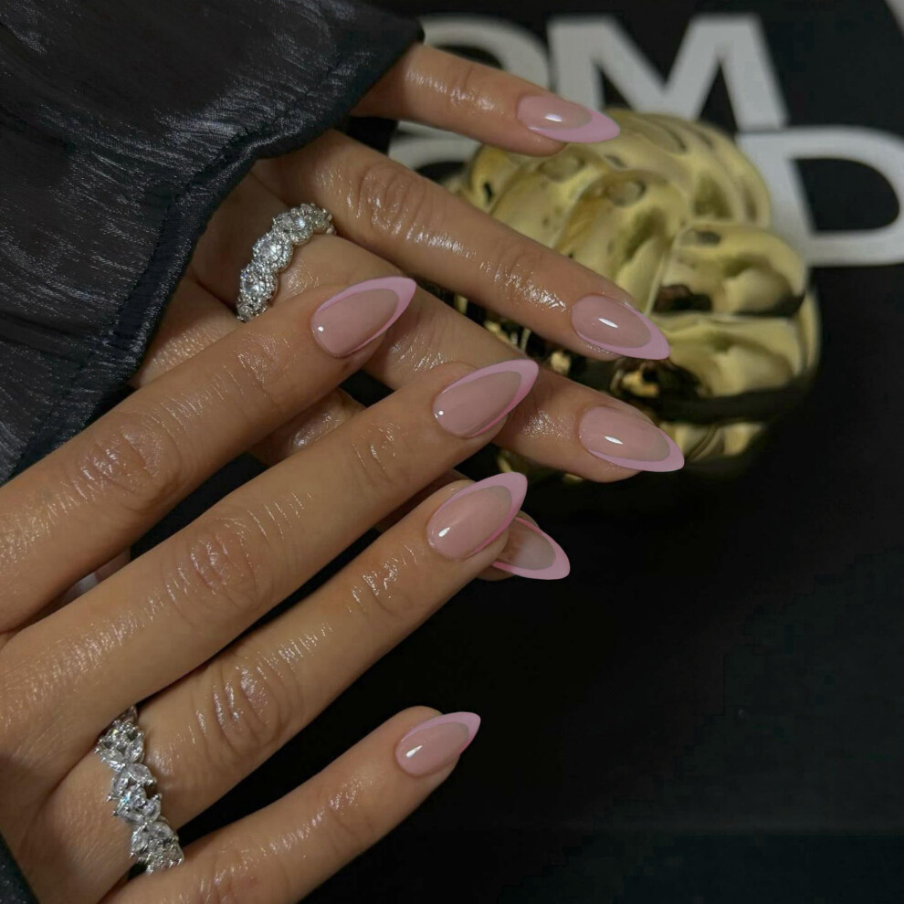 Sxvme Pink 30Pcs French Tip Press On Nails Short Almond Nails Press Ons Short Fake Nails Almond Shaped Acrylic Nails French Glue On Nails Short False Nail