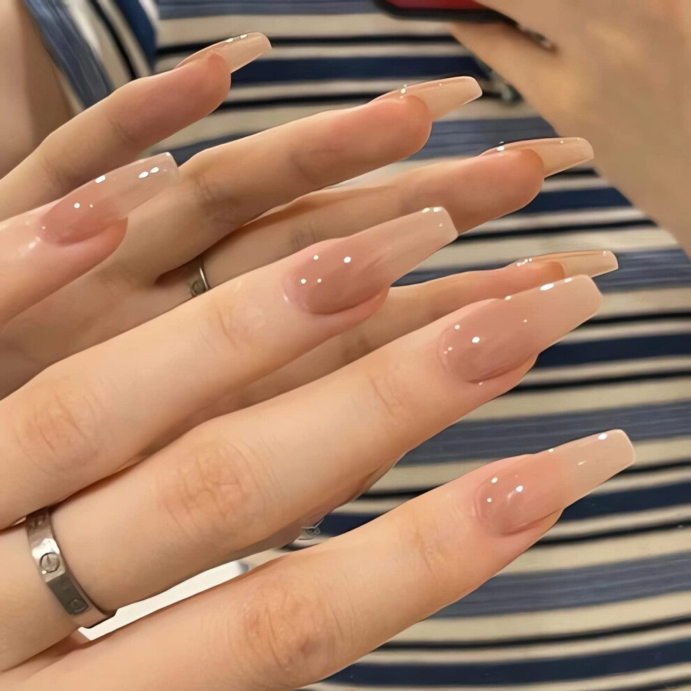 Imsohot Cream Coffin Press On Nails Long Fake Ballerina Nude False Glue On Full Cover Acrylic Glossy 24Pcs Stick On Nails