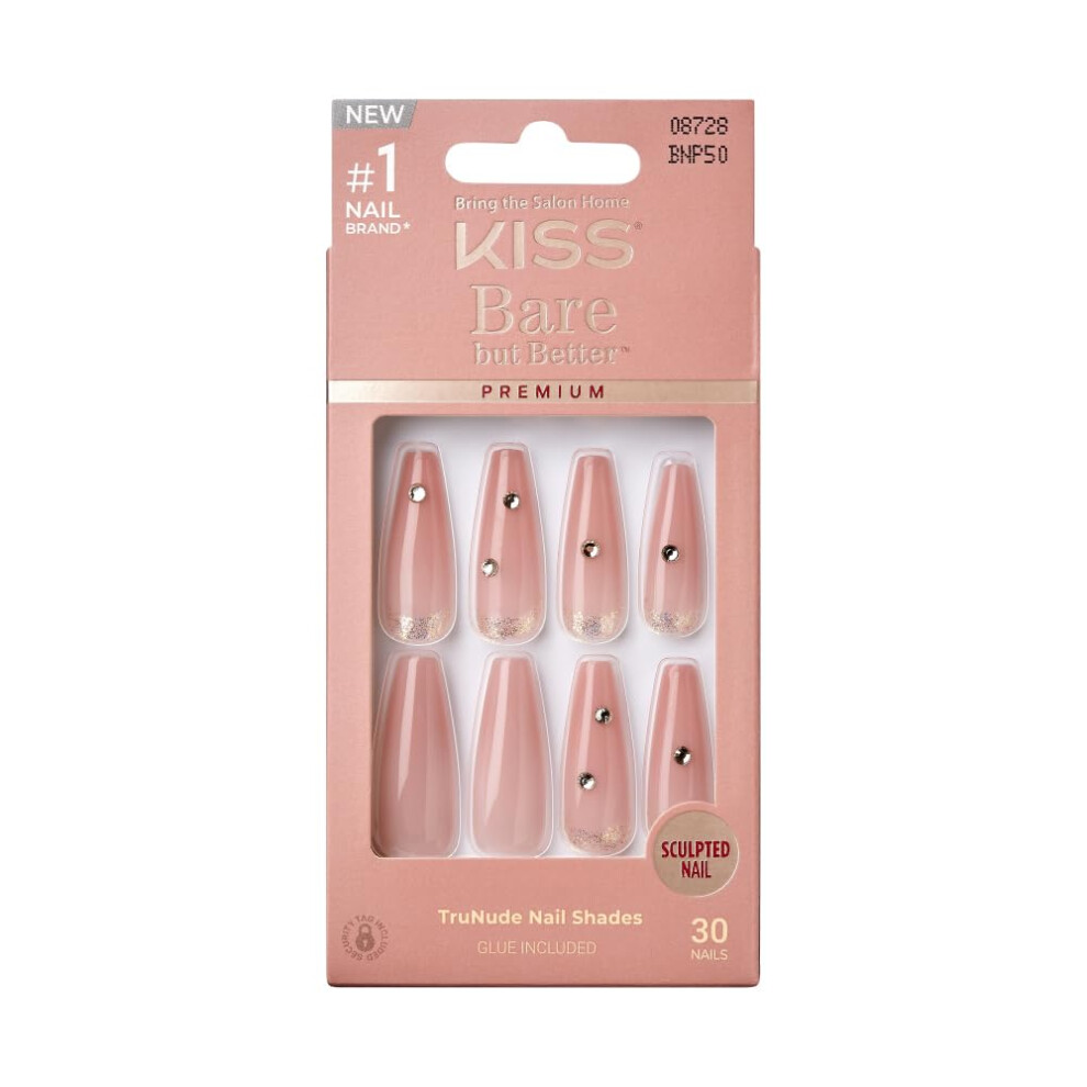 Kiss False Nails Kit Bare But Better Ready To Wear Sculpted Nails Stick And Glue Included X-Long Coffin Shape With Rhinestones Long-Lasting Hott