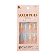 GoldFinger Trendy False Nails Kit X-Long Coffin Design Nail Fantasy French Tip Sky Blue Print Ready to Wear Gel & Manicure Stick inkluderet Langt