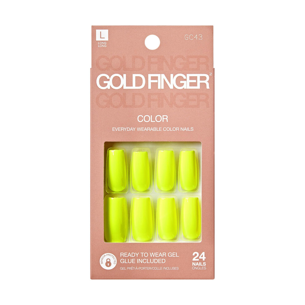 Goldfinger Yellow False Nails Kit Ready To Wear Neon Fake Nails Manicure Stick And Glue Included Long Square Shape Long-Lasting Hottest Trend Glu