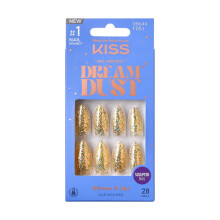 KISS False Nails Kit Dreamdust Ready to Wear Gel Skulpterede negle Stick og lim inkluderet lang mandelform med guldglittereffekt Langvarig hottes