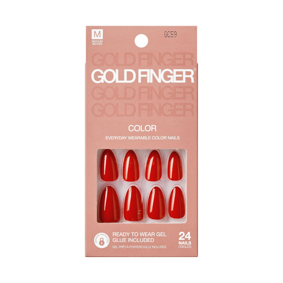Goldfinger Red False Nails Kit Fake Nails Ready To Wear Gel & Manicure Stick Included Medium Almond Shape Long-Lasting Hottest Trend Glue On Nail