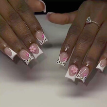 Blanc franais pointe presse sur ongles court carr faux ongles fleur faux ongles colle brillante sur les ongles pour les femmes 24 pices