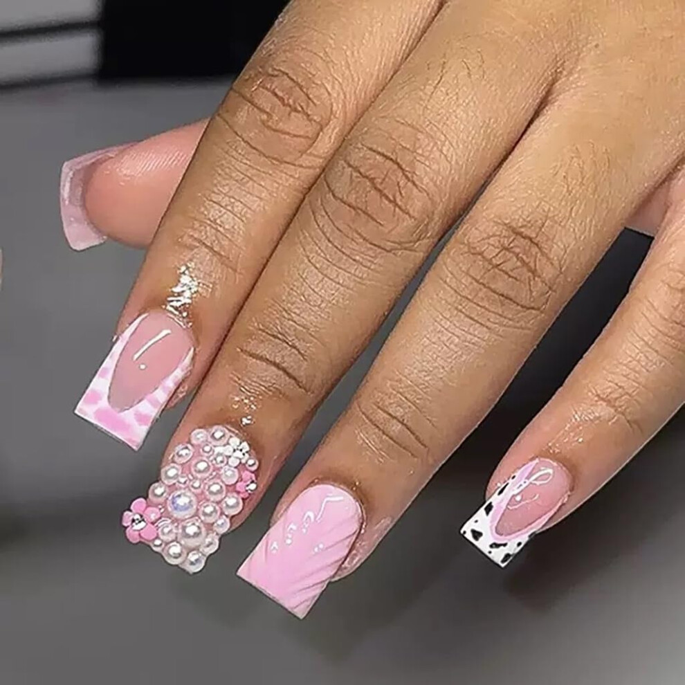 Spnbcq Pink Press On Nails Square Fake Nails Short False Nails 3D Flower Glossy Glue On Nails Glossy Full Cover Stick On Nails For Women 24Pcs