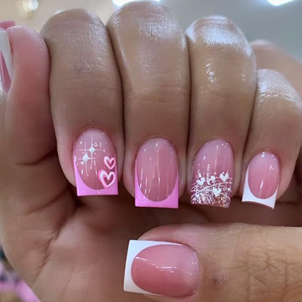 Spnbcq Pink Press On Nails Square Fake Nails Short Glossy Gliiter Glue On False Nails For Women 24Pcs