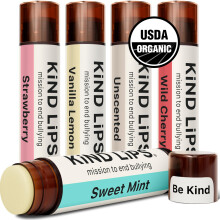Kind Lips Balsamo labbra Organic Variety, confezione da 5 - Menta dolce senza profumo, Ciliegia selvatica, Vaniglia, Limone e Fragola - Senza glu
