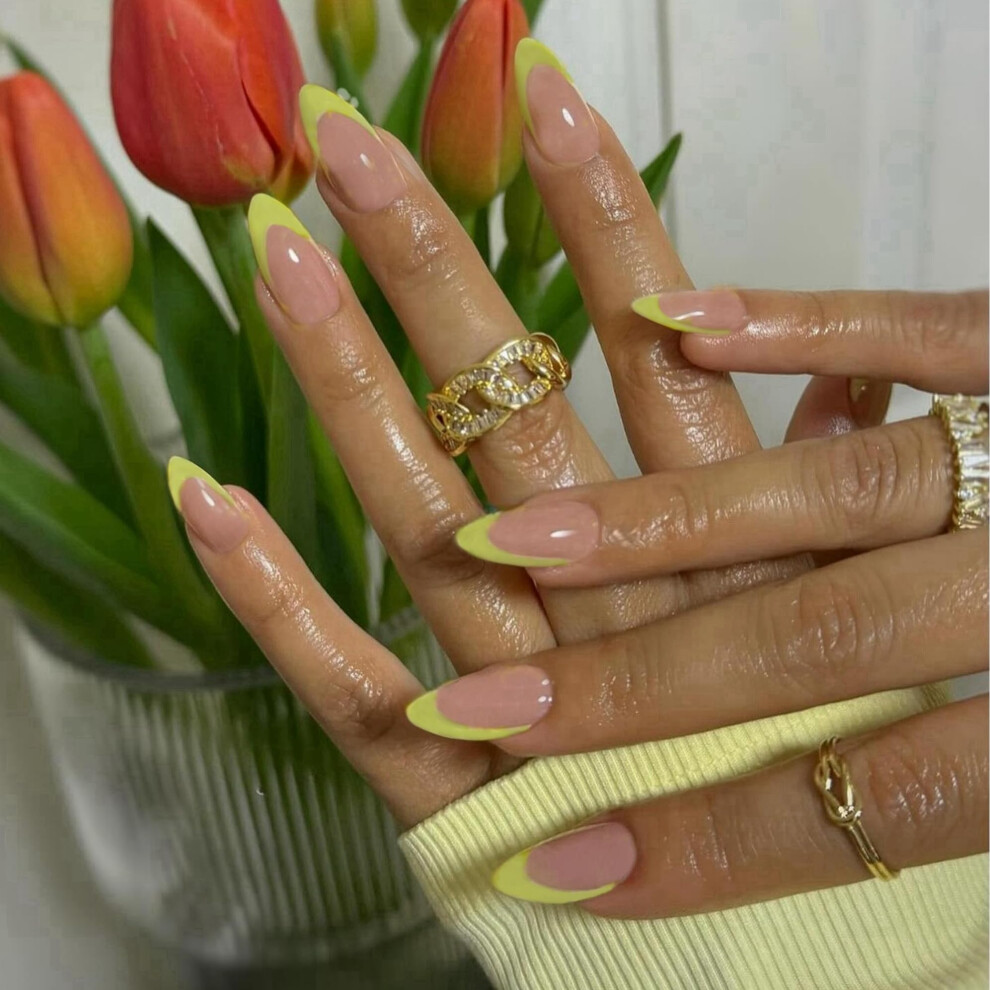 Sxvme Green 30Pcs Neon French Tip Press On Nails Short Almond Nails Press Ons Short Fake Nails Almond Shaped Acrylic Nails French Glue On Nails Short Fals