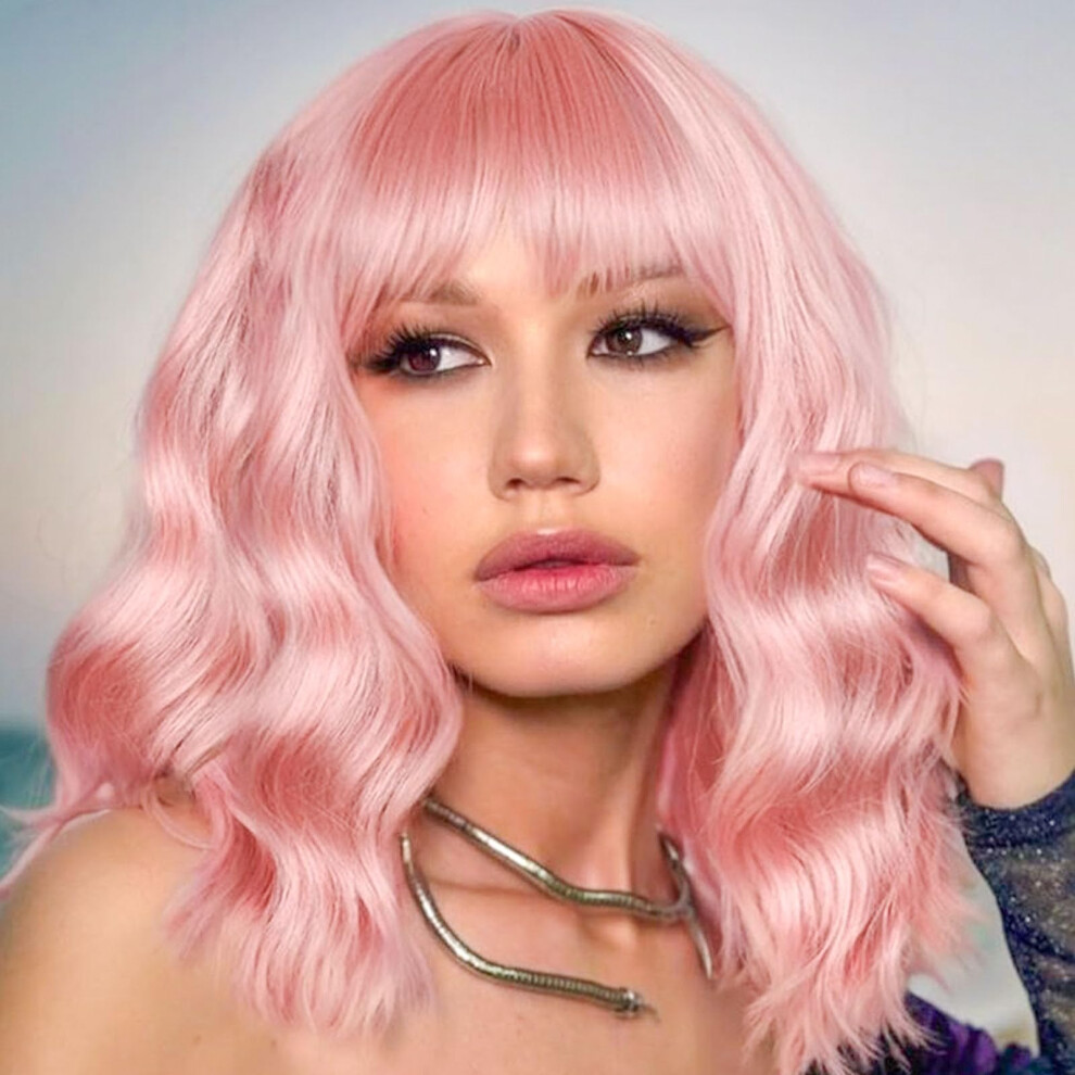 Werd Pink Wig With Bangs Soft Short Pink Bob Wavy Wig For Women 14 Inch Natural Heat Resistant Fiber Synthetic Curly Light Pink Bob Wigs For Hallowee