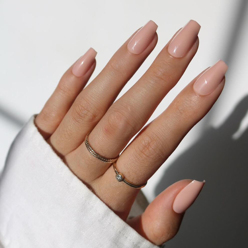Glamnetic Cream Press On Nails - Exposed | Medium Coffin Fake Nails Nude Opaque Neutral Salon Quality | 15 Sizes - 30 Nail Kit