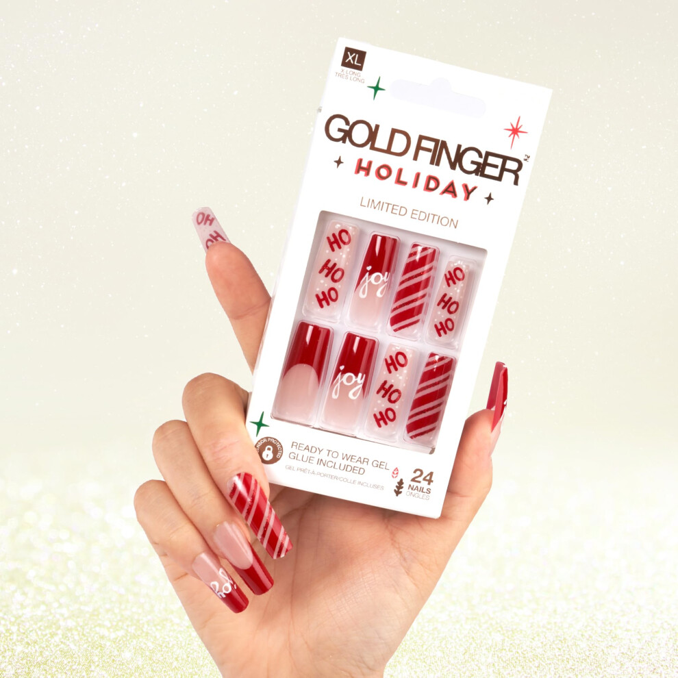 Goldfinger Gold Finger 24 Pcs Holiday French Tip Square Coffin Oval Press On Nails - Christmas Glitter Winter Seasonal Snowflake X-Mas Glue On Nails (Santa's Ho