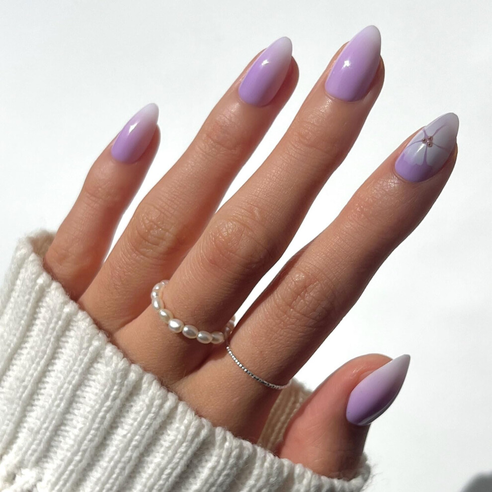 Glamnetic Purple Press On Nails - Lilac Reef | Short Almond Fake Nails With Flower Accents Salon Quality Summer Nails | 15 Sizes - 30 Nail Kit With