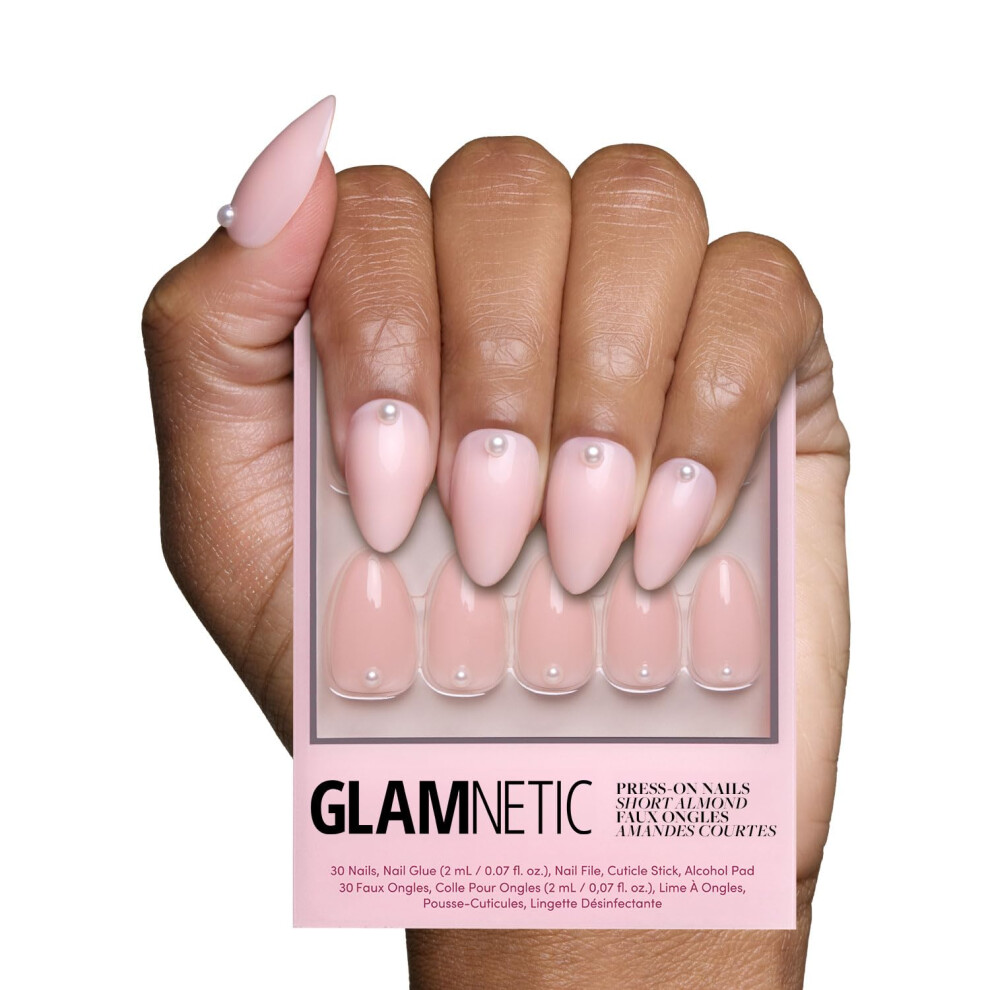 Glamnetic Cream Press On Nails - Wifey | Short Almond Fake Nails Nude With 3D Nail Art And Glossy Finish Reusable Wedding Nails | 15 Sizes - 30 Nail Kit