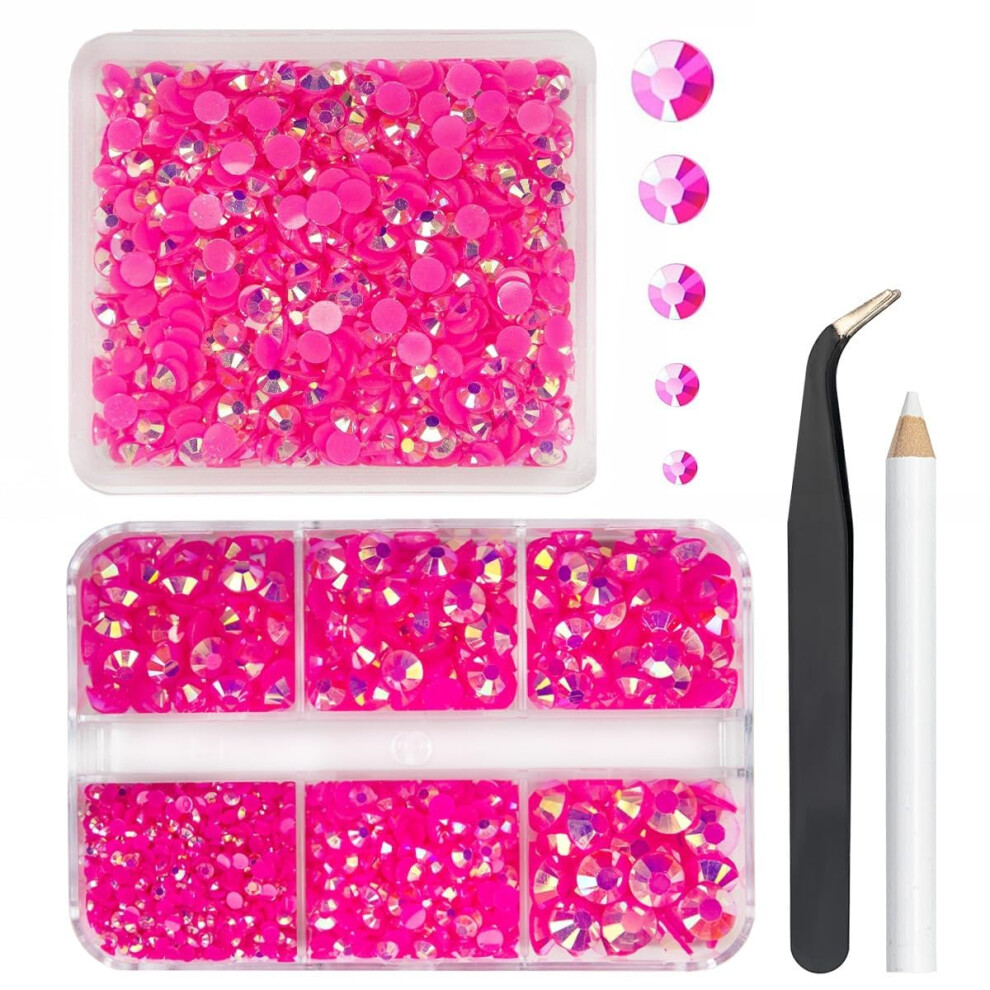Qiipii 3060Pcs Hot Pink Ab Resin Rhinestones For Crafting 2Mm 3Mm 4Mm 5Mm 6Mm Rose Pink Flatback Jelly Stones Non-Hotfix Diamonds Crystals Gems Charms