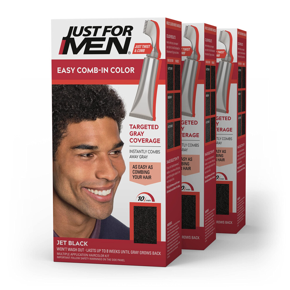 Photos - Hair Styling Product Just For Men Easy Comb-In Color Mens Hair Dye Easy No Mix Application with Comb Applicator - Jet Black A-60 Pack of 3 011509