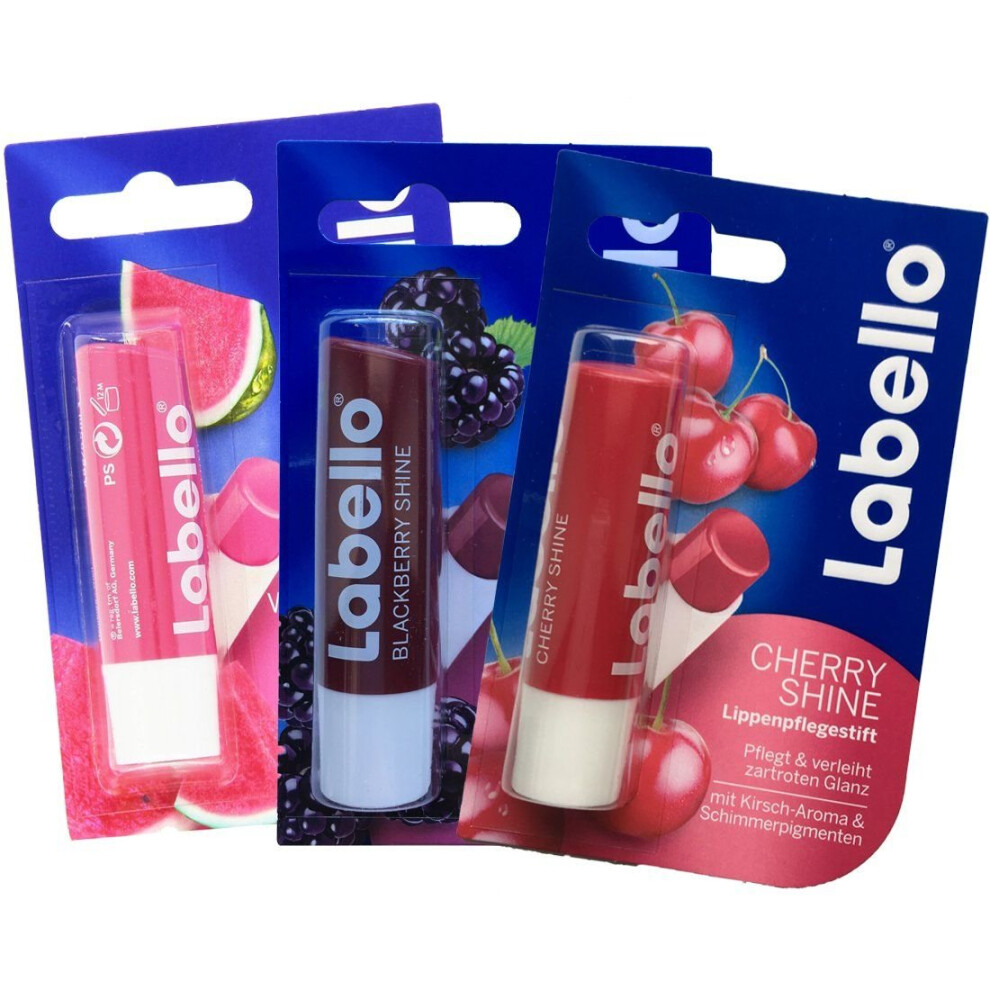 Labello Watermelon Shine Blackberry Shine Cherry Shine Lip Balm Bundle