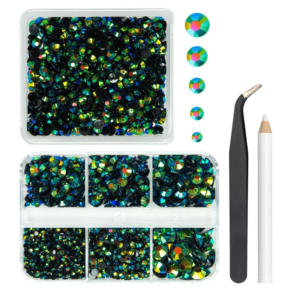 Qiipii 2 Boxes 3060Pcs Peacok Green Ab Resin Rhinestones For Crafting 2Mm 3Mm 4Mm 5Mm 6Mm Flatback Jelly Stones Non-Hotfix Diamonds Gems For Nails Fa