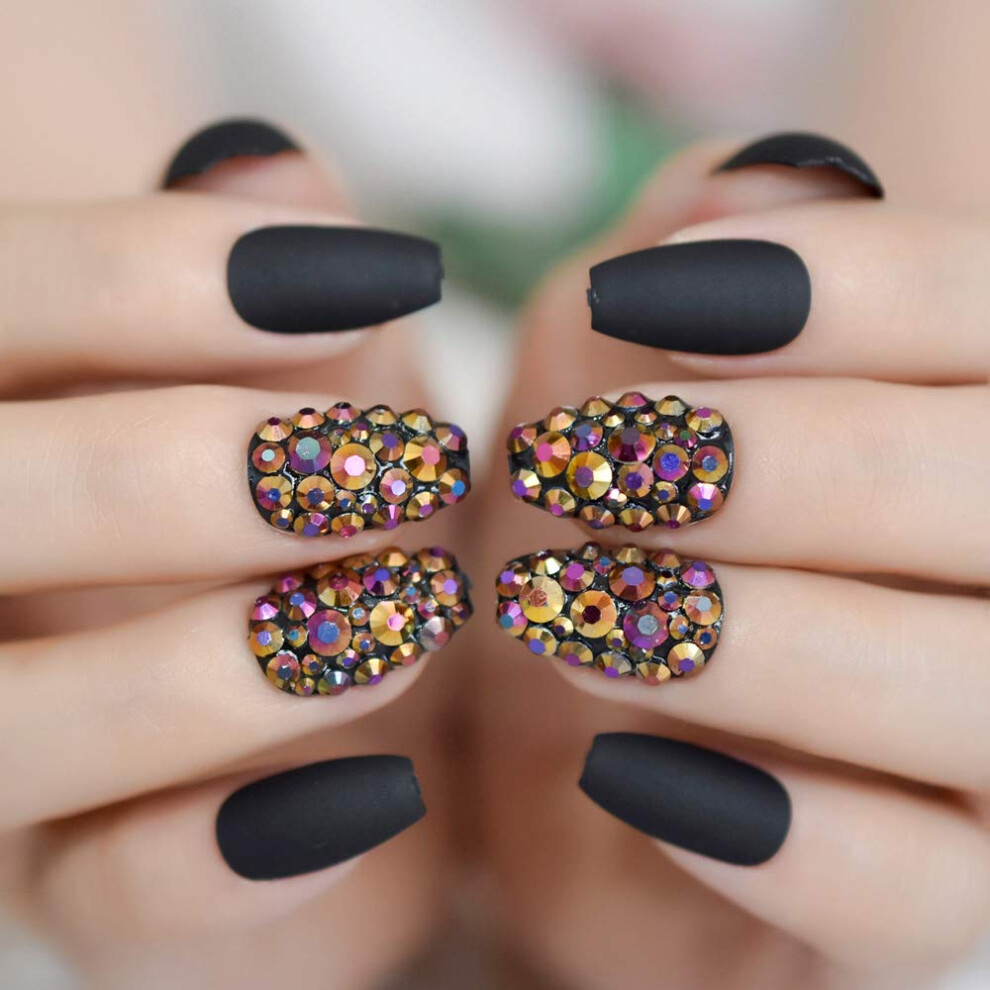 Echiq Black Frosted Coffin Nails Set Crystal Press On Nails Matte Medium False Nails Custom 24Pcs