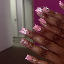 Faux ongles carrs pression, pointe franaise courte, avec nud 3D, colle sur les ongles, ongles en acrylique brillant, couverture complte,