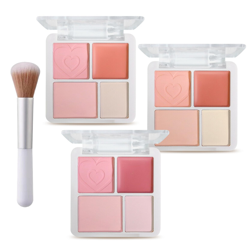 Linghaolh 3Pcs 4 Colors Blush Palette For Cheeks With Make Up Brush,Face Matte Contour Blush Makeup Palette,Buildable Shimmer Facial Cheek Blusher Shades,Blenda